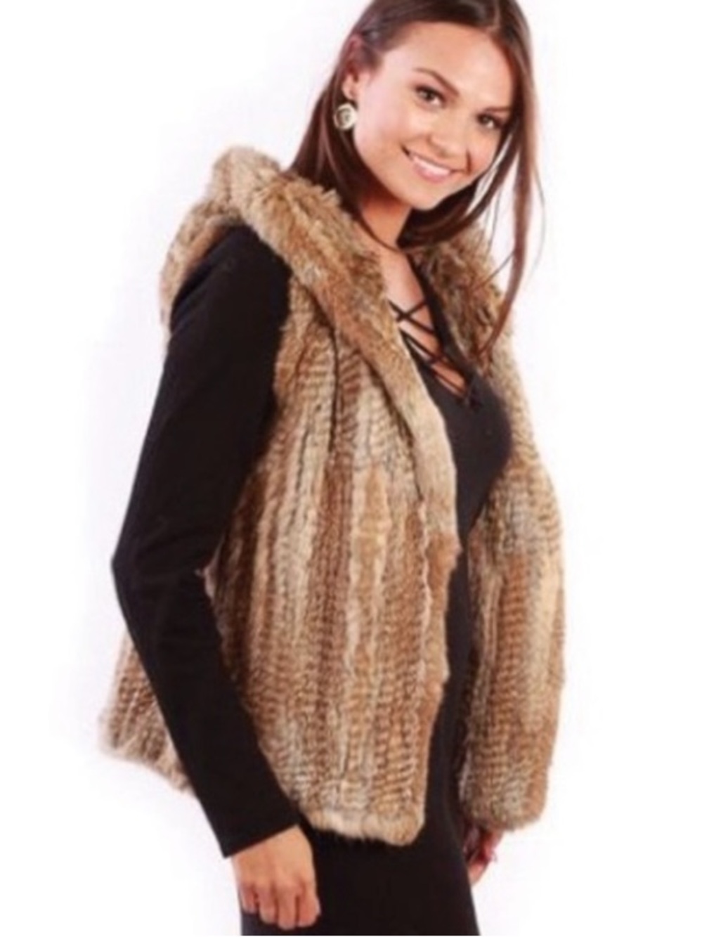 Rudsak Brown Rabbit Fur Zip-Front Sleeveless Vest
